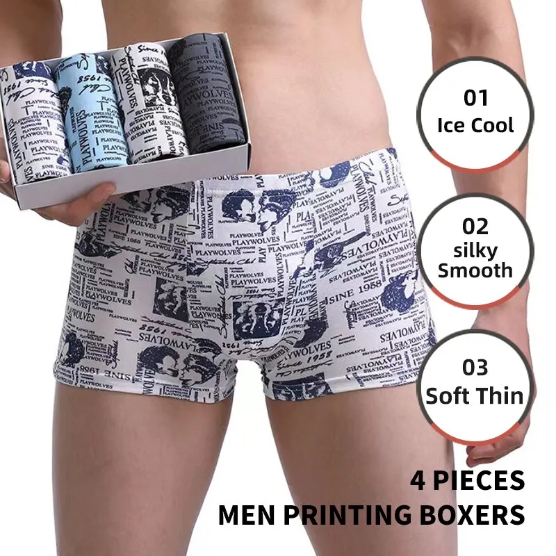 Men Printing Boxer Shorts Underpants Underwear XXL 3XL 4XL 4 Colors Mixing Sexy Soft Breathable Fashion Sports Casual 4 Pieces