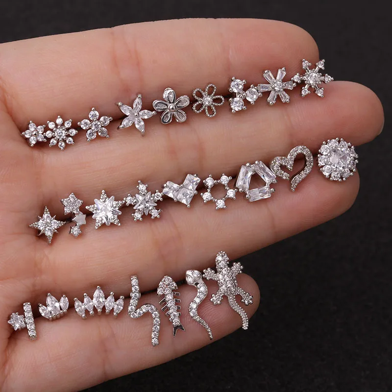 Stainless Steel Gold Color Silver Color Flower CZ Tragus Cartilage Helix Star Ear Stud Piercing Zircon Daith Earring 1PC