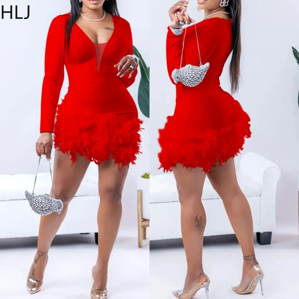 HLJ Fashion Feather Stitching Deep V Party Club Rompers Women Long Sleeve Bodycon Jumpsuits Female Solid Color Slim Overall 2023