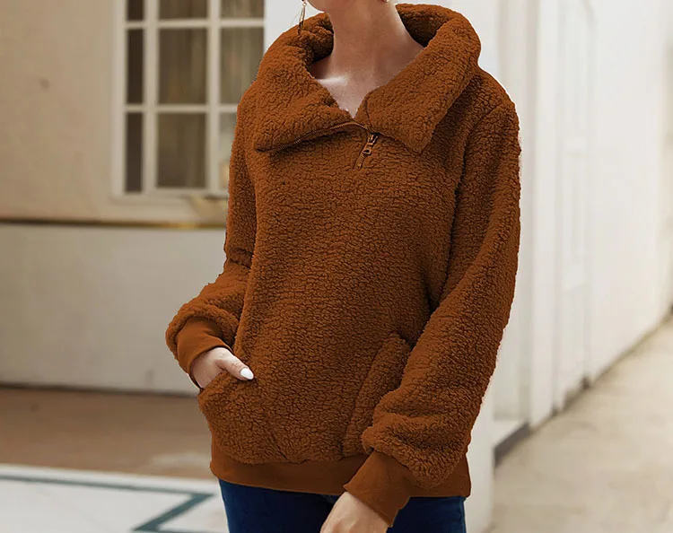Sweatshirt for Women 2023 Autumn and Winter New Fashion High Neck Solid Color Pocket Zipper Long Sleeve Casual Blouse