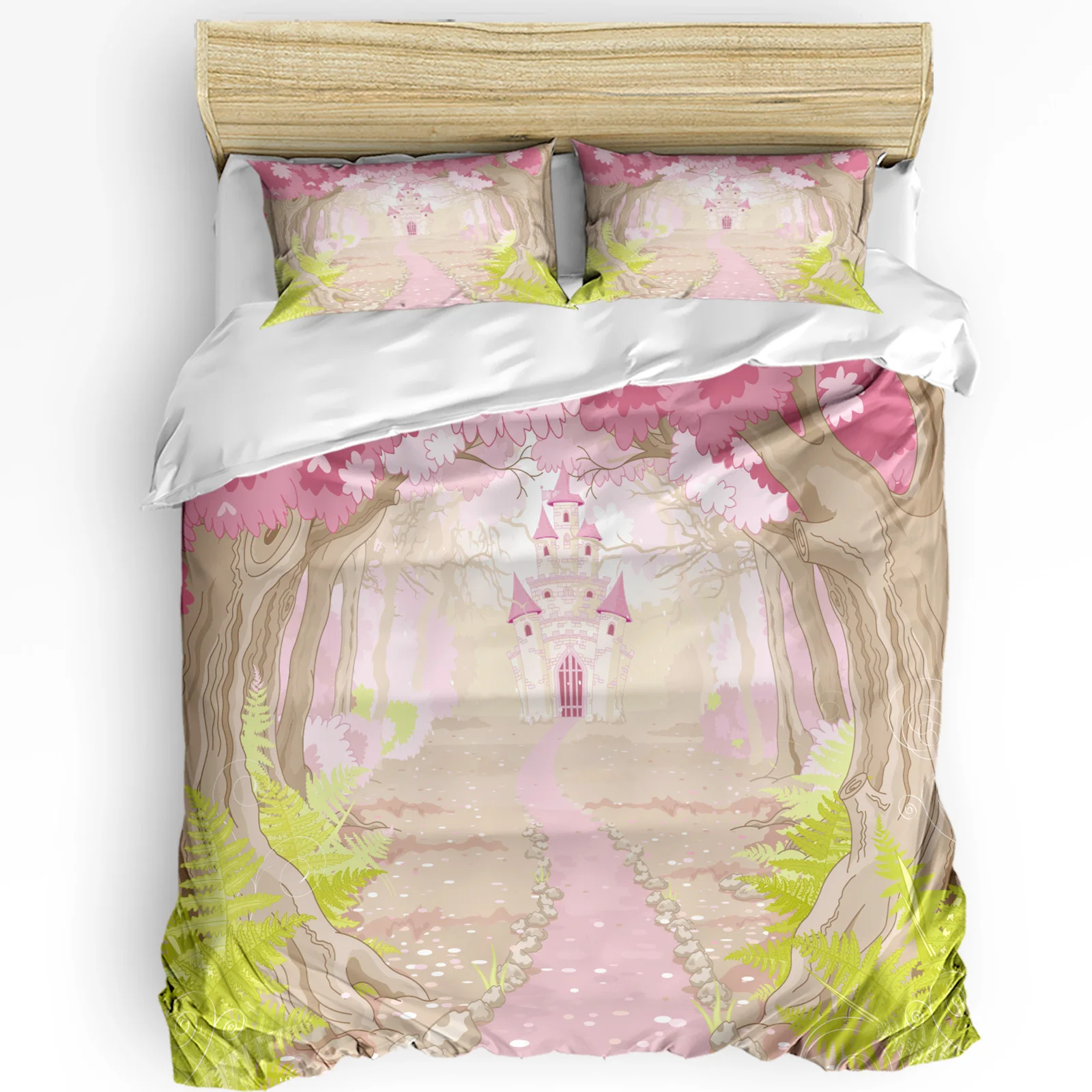 

Pink Castle Deep Forest Cartoon 3pcs Duvet Cover Set with Pillow Case Double Comforter Bedding Set Quilt Cover Couple Bed