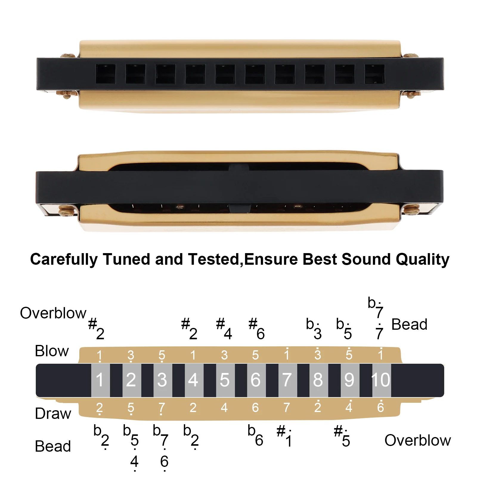 Description Picture 5 of itemSilver / Gold KeyC 10 Hole 20 Tone Blues Harmonica for Professional Player Beginner with Case, Stainless Steel Mouth Organ