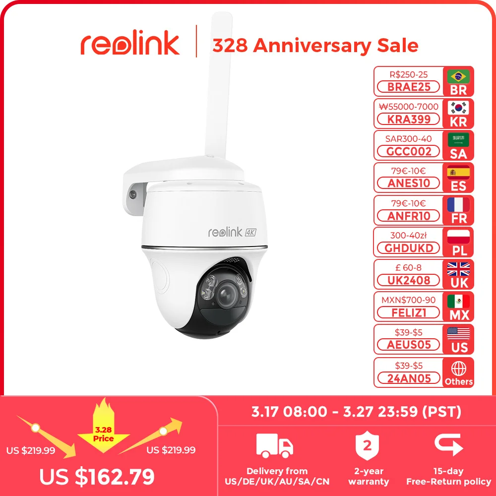 

Reolink 5MP 3G/4G LTE PT Camera 4K 8MP Cellular Wireless Outdoor Security Camera Smart Detection Battery/Solar Powered IP Camera