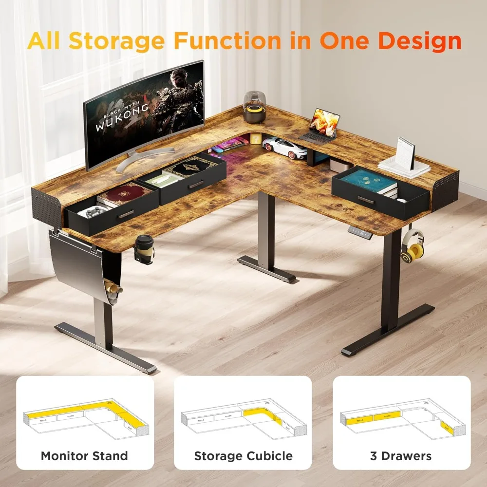 "electric l-shaped adjustable height desk with 3 drawers and monitor shelf for corner computer setup"