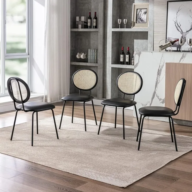 

Faux Leather Indoor Kitchen Dining Chairs Set of 4 with Rattan Backrest,Upholstered Chairs mid Century Metal Dining Chair