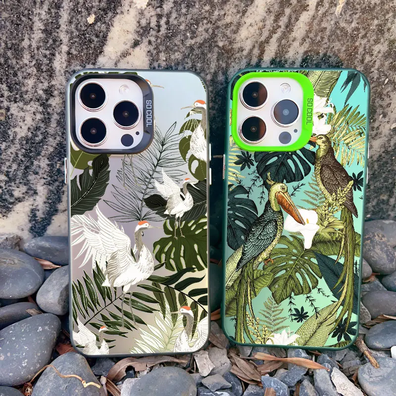 Tropical Monstera Palm Leaf & Bird Design Shockproof Phone Case with Laser Shell Finish