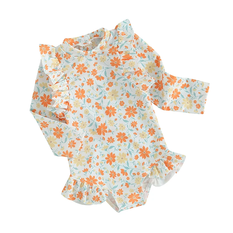 

Infant Baby Girl Swimsuit Zip Rash Guard Swimwear Ruffle Long Sleeve Bathing Suit Toddler Beach Wear