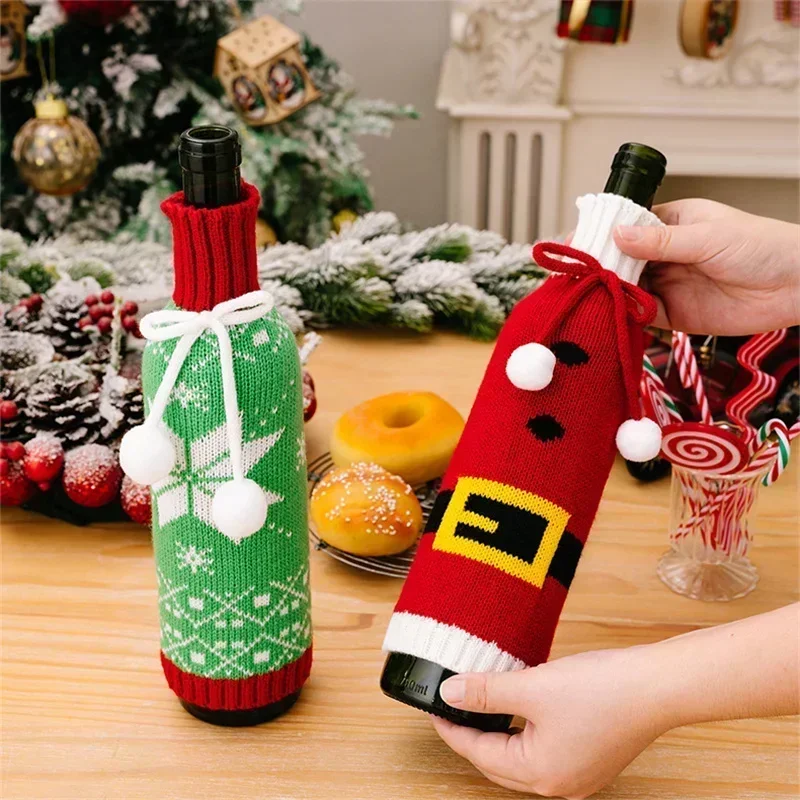 Knitted Red Wine Bottle Covers for Christmas Party Decorations