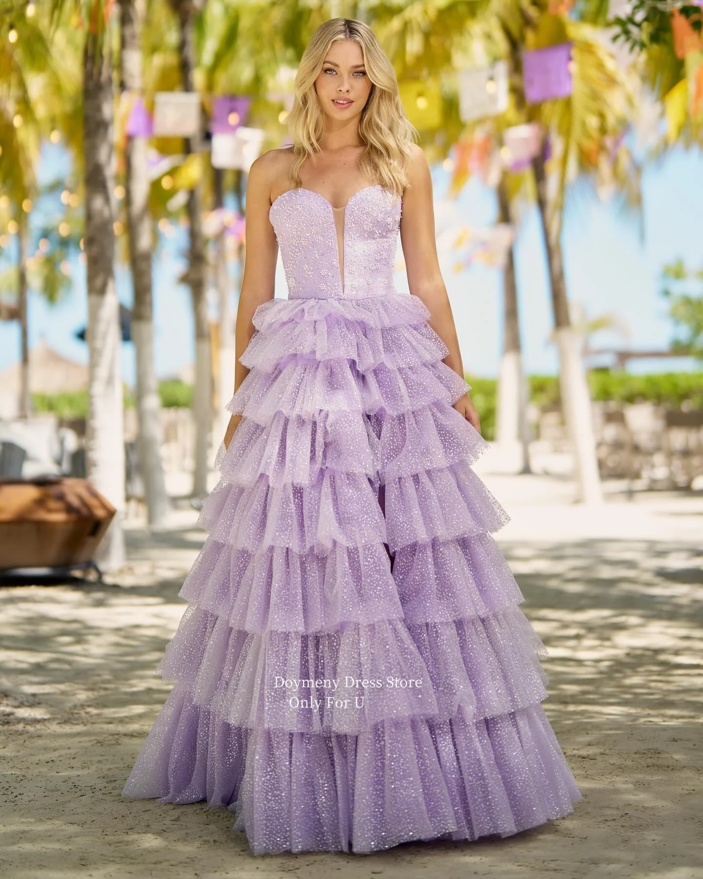 

Doymeny Sweetheart Tiered Layered Sequined Tulle Prom Dresses Sleeveless A-line Evening Dresses Party Gowns فساتين السهرة