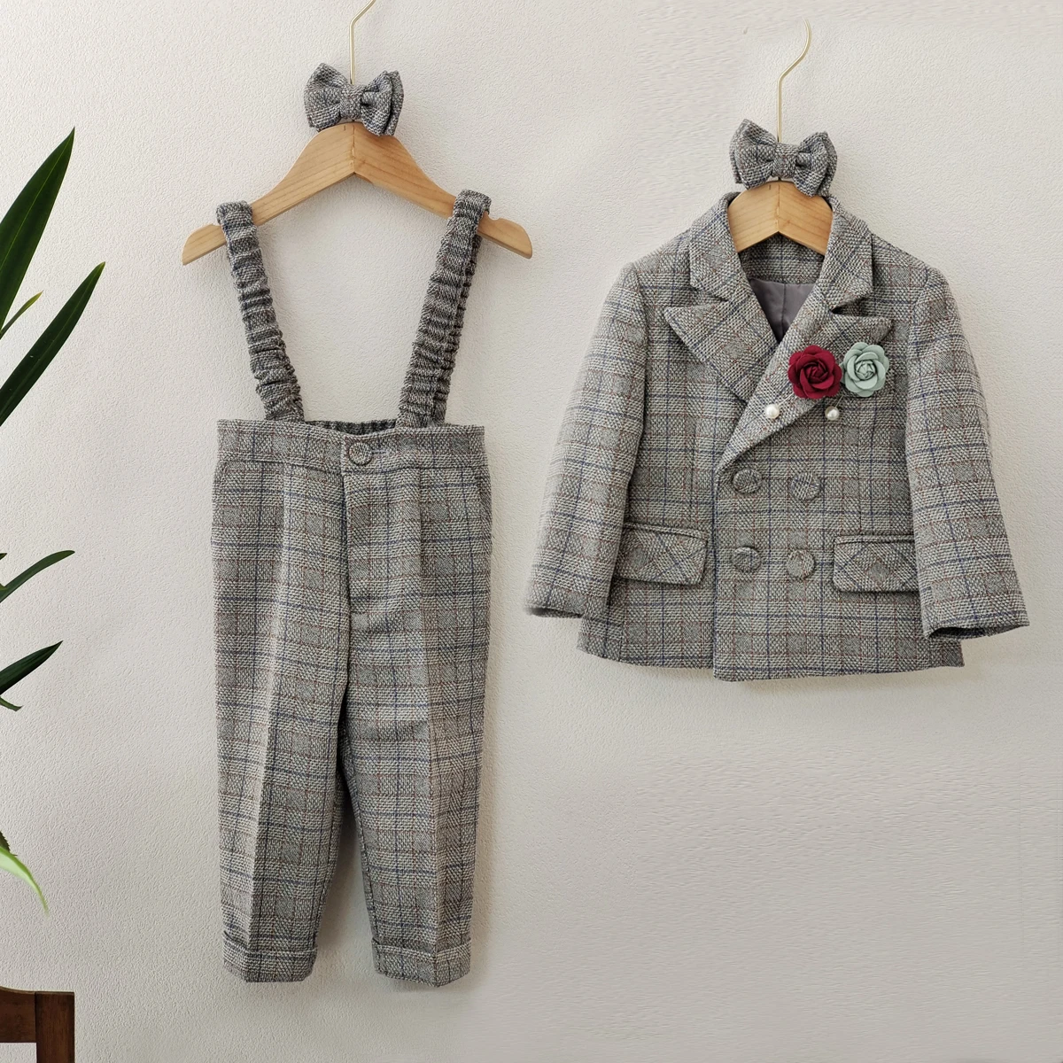 Formal Boys Suit Baby First Birthday New Year Party Wedding Suit Clothes Set Autumn Winter Thick Blazer Strap Pants Kids Dress