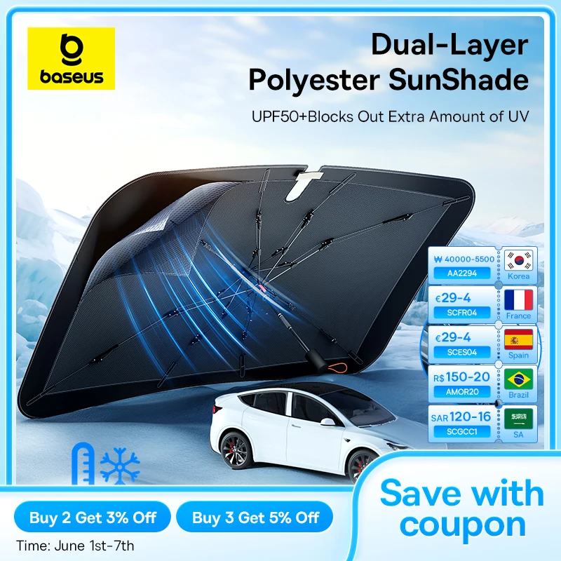 Baseus Doubled-Layered Car Windshield Sun Shade Umbrella Coverage Car Sunshades Foldable Handle Front Window Sun UV Protection