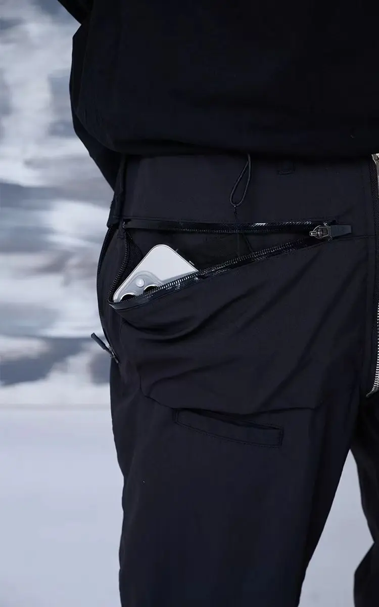 Atzen Nylon wide leg pants multipocket ykk zippers drawcord waistband techwear