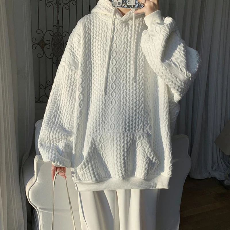 Men's Classic White Jacquard Sweater, Warm Hoodie, Long Sleeves, Male Top, Korean Style, College, Spring ，Autumn，