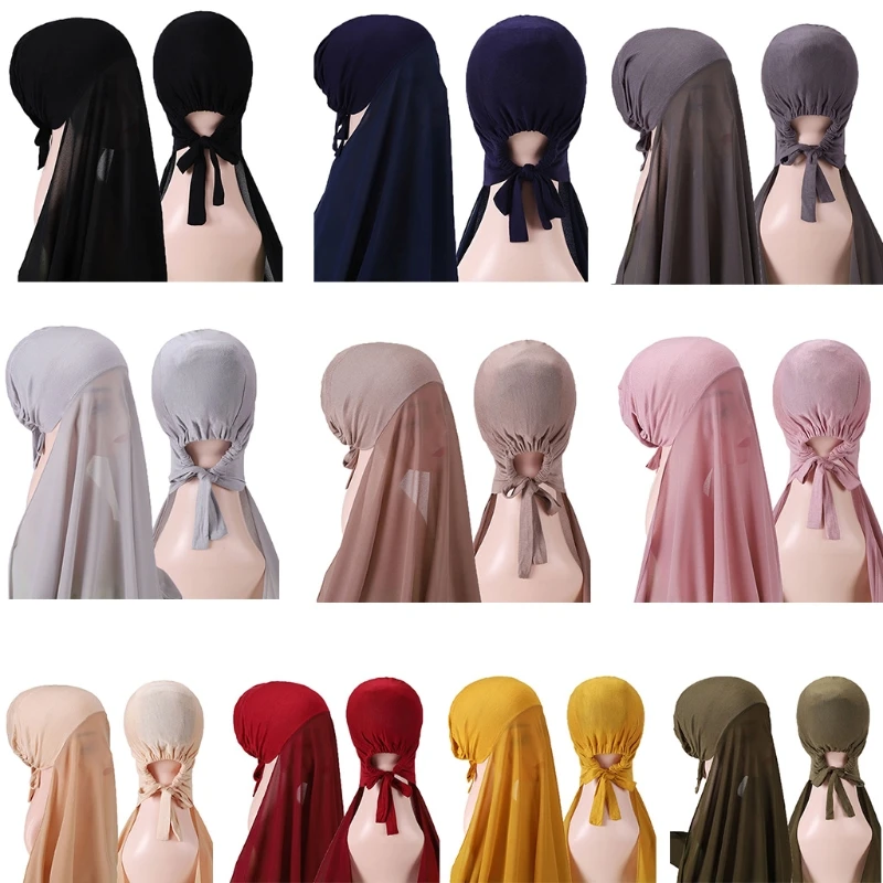 

Muslim Women Bonnet with Rope Shawl Convenient Elastic Bandaged Underscarf Islam Inner Hijab Cover Headwrap