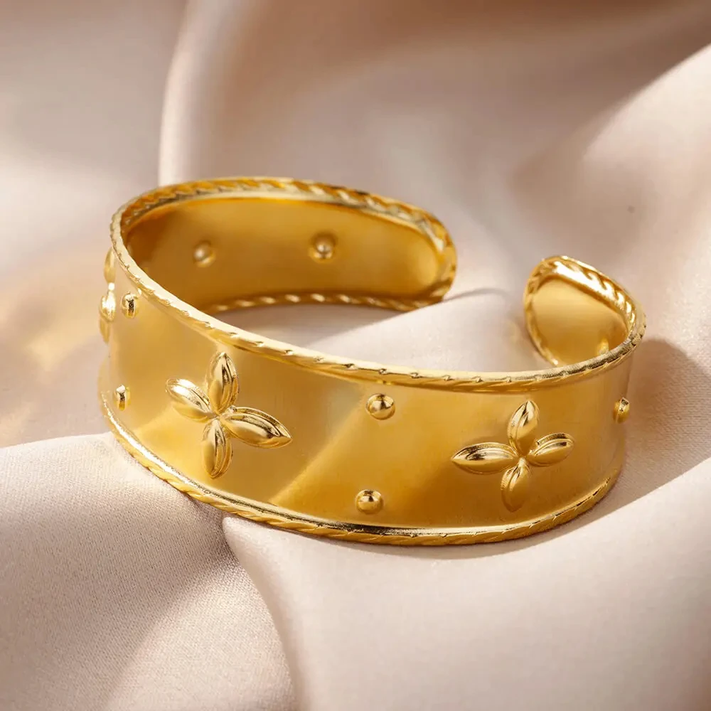 Cross Flower Bangles Bracelet for Women Stainless Steel Gold Plated
