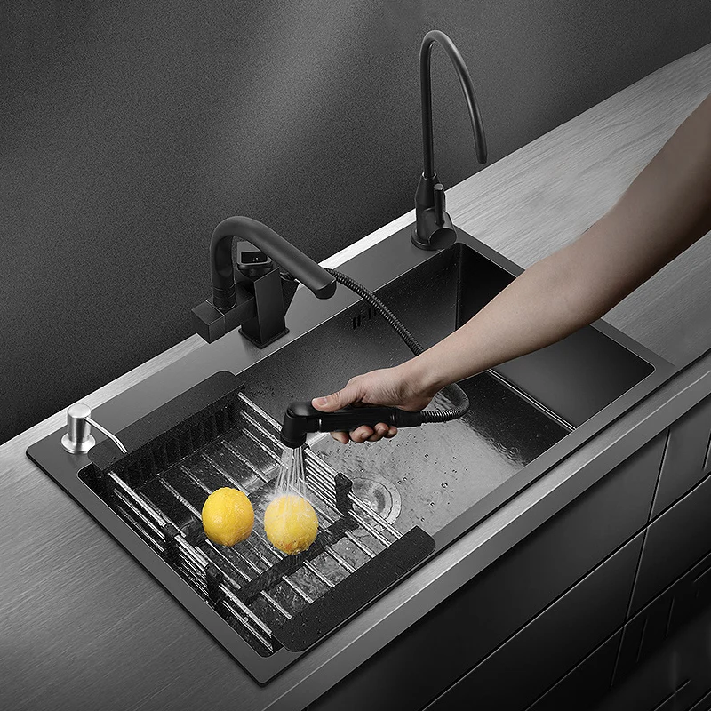 

Stainless Steel Kitchen Sink Black Nano Single Bowl Wash Basin Kitchen Accessories Drain Set Topmount/Undermount