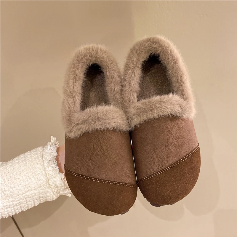 Aphixta Soft Furry Loafers Flat With Women Shoes Black Casual Round Toe Flats Woman Classic Shoe Autumn Winter Loafers