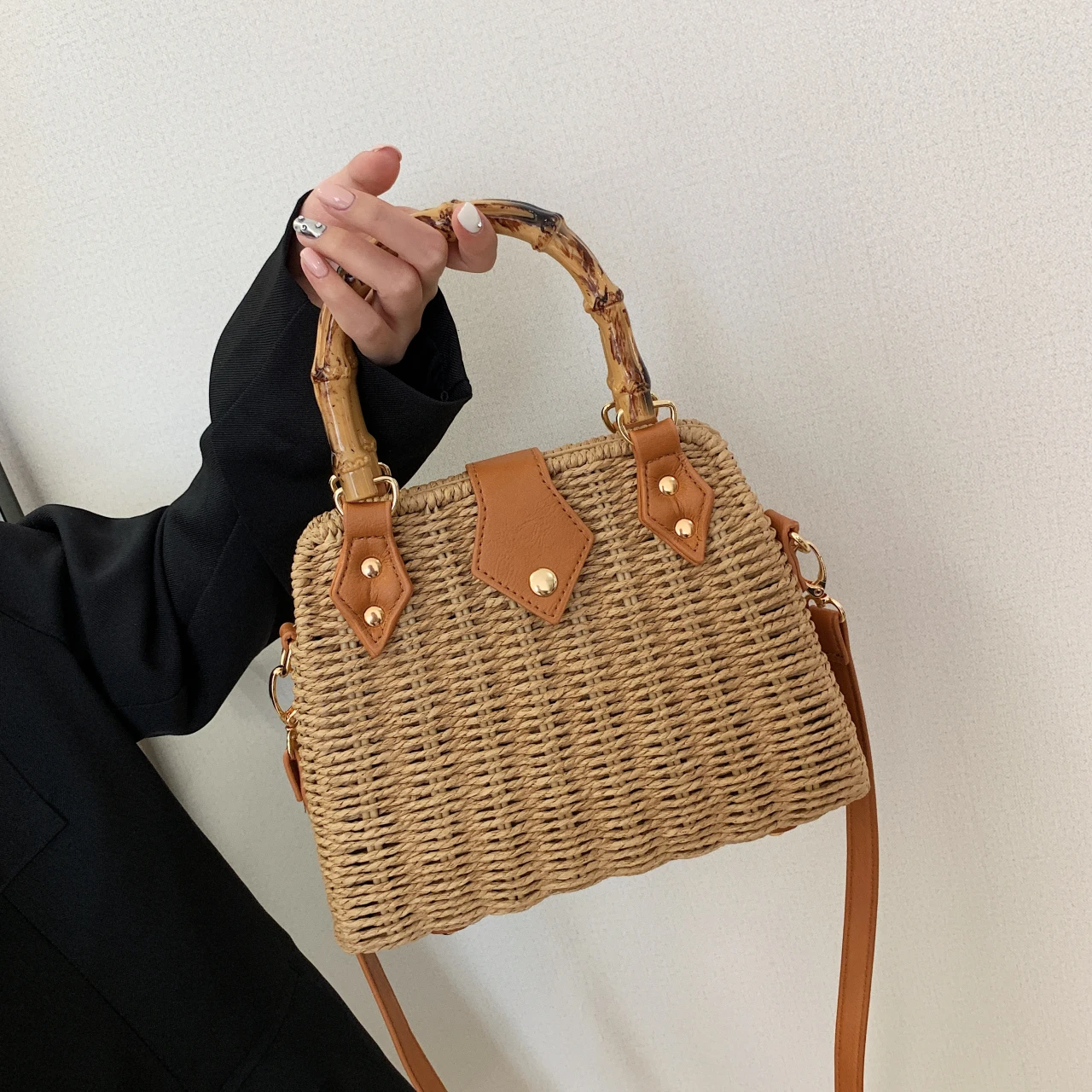 

Women's Bag Straw Retro Artistic Pastoral high quality Shoulder Handbag Imitation Bamboo Crossbody Knitting Bag