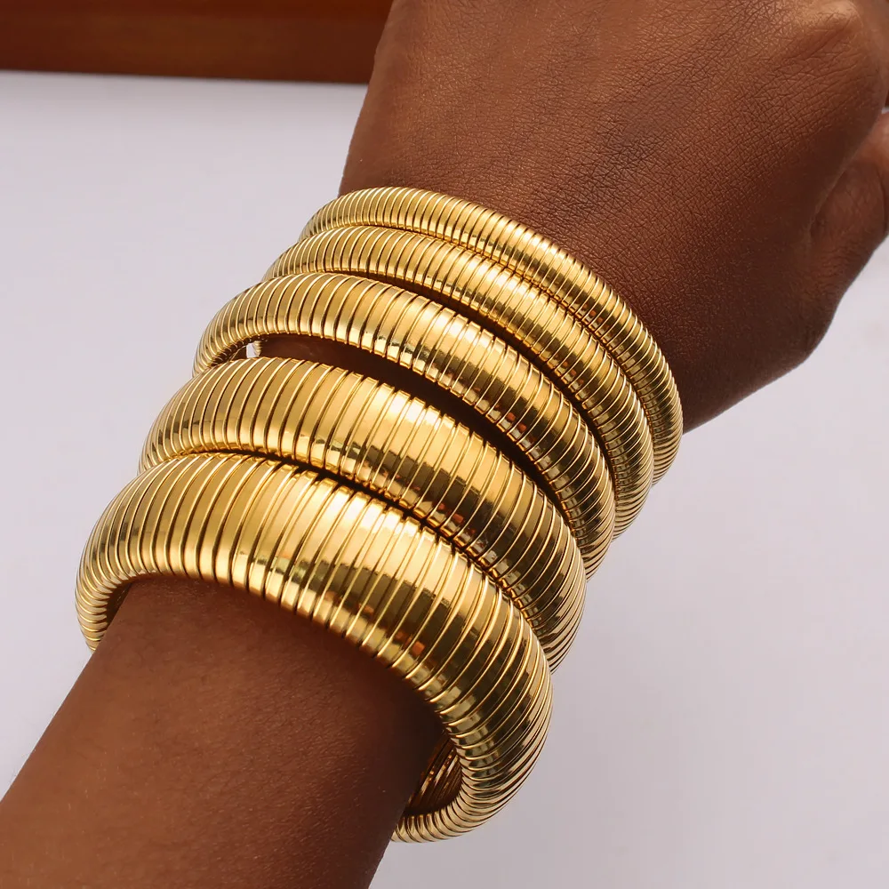 18k Gold Plated Titanium Steel Bracelet Vintage Elastic Gypsy Polishing Bangle For Women Girls Fashion Aesthetic Jewelry bangle bracelet