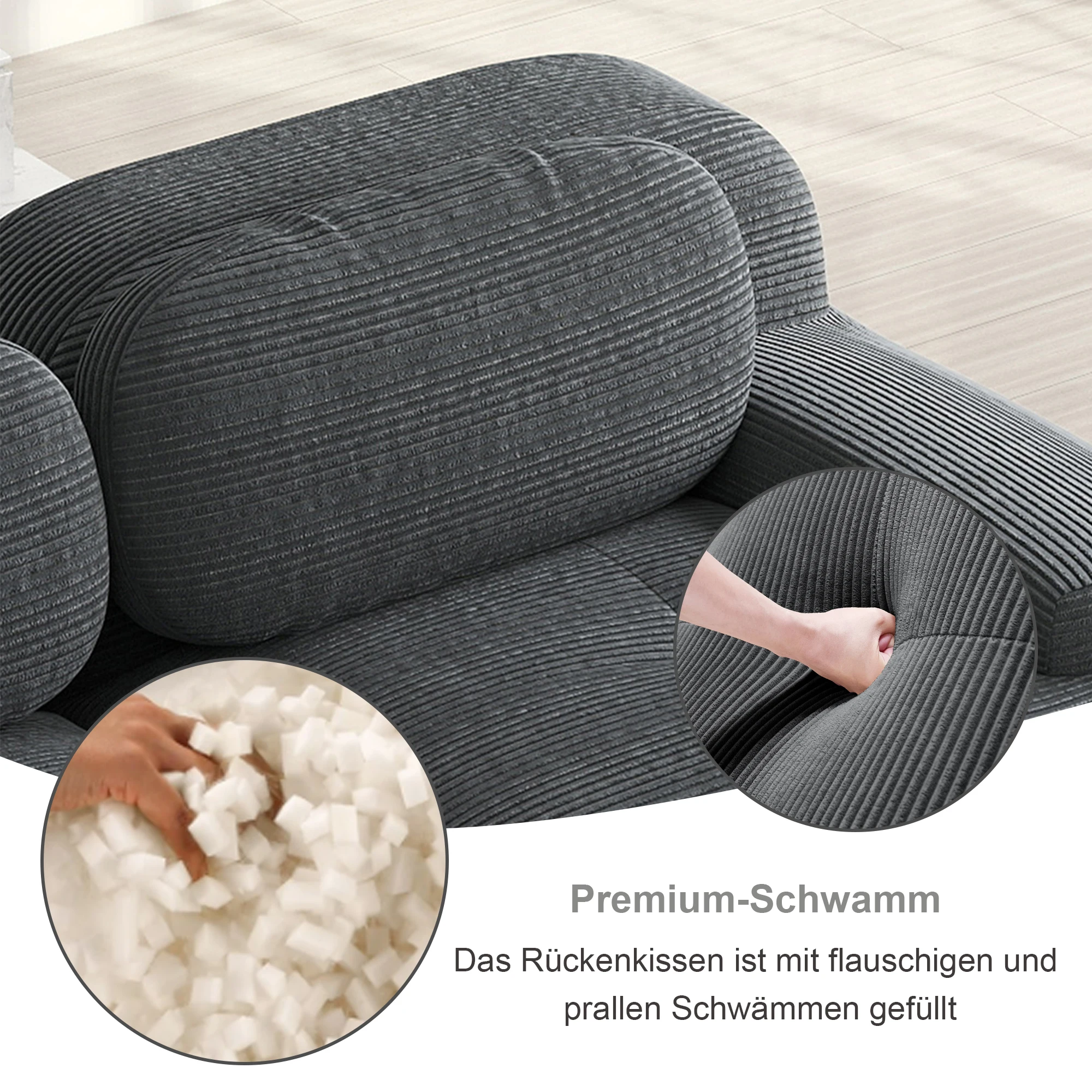 KOMHTOM Rahmenloses 4 Sitzers Sofa aus weichem Cordstoff ohne Montage vakuumverpackt frei kombinierbar mit 32D hochelastischer – Detail 12