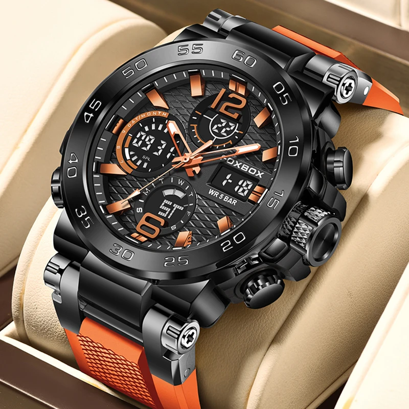 FOXBOX New Orange Silicone Waterproof Quartz Watches For Men Fashion Business Sport Men Digital Watch LED Electronic Clock Male