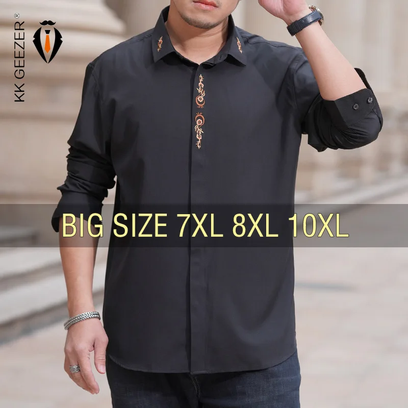 Men Shirt Denim Oversize Plus Size 6XL 7XL 8XL 10XL Fashion Casual Loose Golden Embroidery Long Sleeve Soft Dress