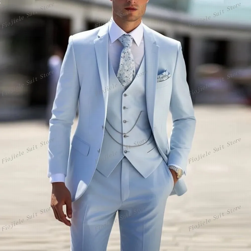 

New Light Blue Business Suit Men Tuxedos Groom Groomsman Prom Wedding Party Formal Occasion 3 Piece Set Jacket Vest Pants