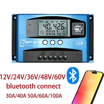 Regolatore di carica solare 12V 24V 36V 48V 60V MPPT Display LCD bluetooth Dual USB per batteria al litio piombo-acido 100A 60A 40A 30A