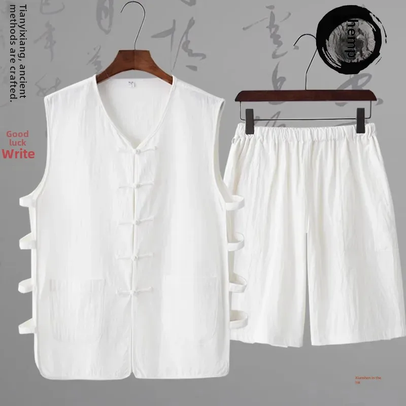 Summer Cotton Linen Men's Shoulder Vest Tang Suit Sleeveless Sweat Shirt mens vest