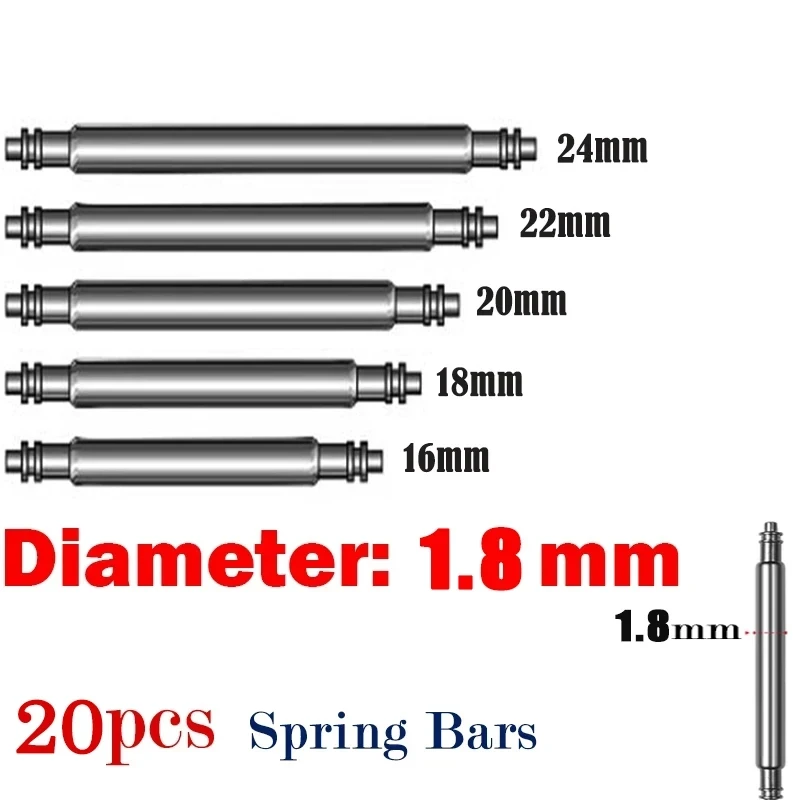 Premium Stainless Steel Watch Band Spring Bars - 20pcs, 1.8mm Diameter, Multiple Widths