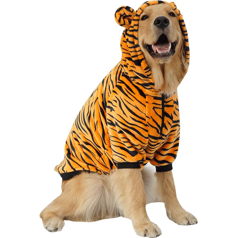 A unique dog wearing a animal hoodie to look like a tiger