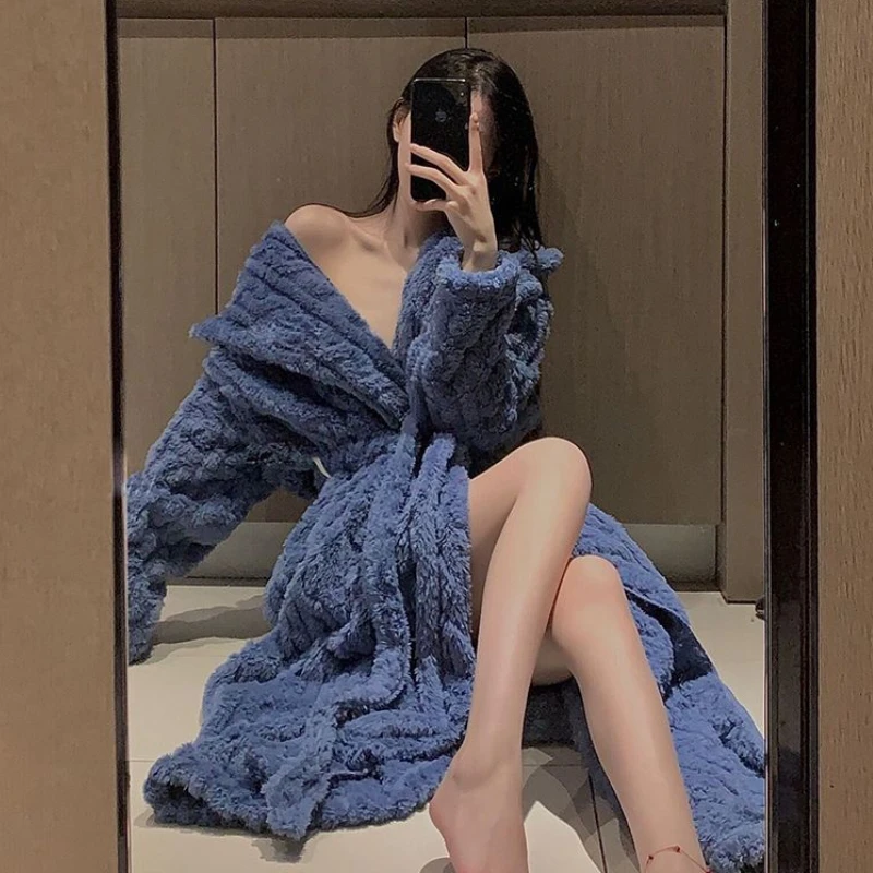 Flannel Robes Women Winter Thick Warm Midi Home Sleepwear Cozy Night Sexy Clothing Korean Fashion Tender Ropa Mujer Casual New