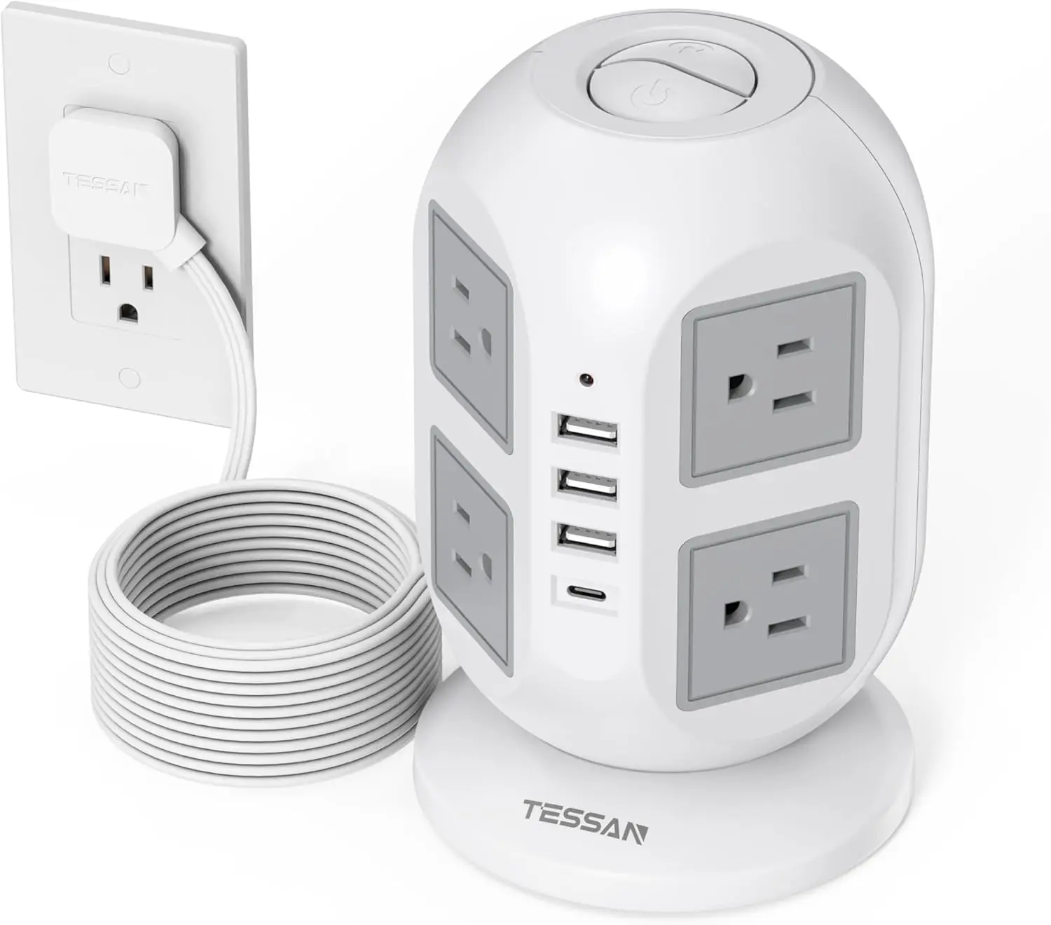 TESSAN 타워 서지 보호대 멀티탭, 서지 보호 충전 스테이션, 10 Ft 8 AC 콘센트, USB 포트 4 개 (USB C 1 개)