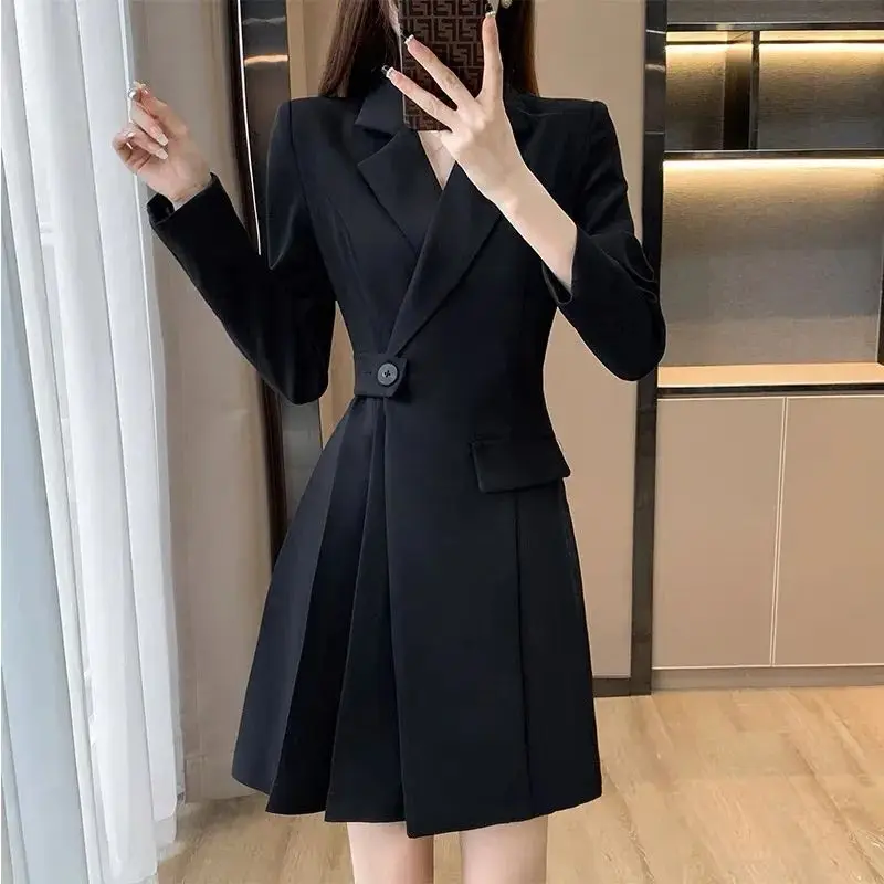 Women Spring Autumn Slim Suit Dress Korean Office Lady Graceful Black Pleated Asymmetric Dresses 2023 New Workwear Female
