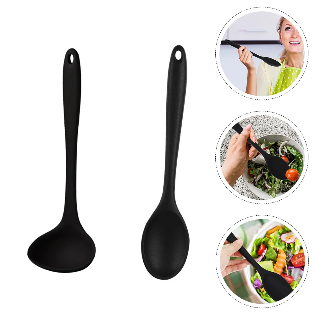 2 Pcs Kitchen Utensils Silicone Spoon Soup Ladle Meal Domestic Simple 21X63CM Home Rice Spoons Black Non-stick Tableware