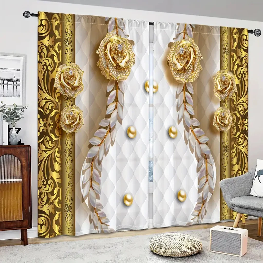 

3D Digital Printed Golden Luxury Flower Wheat Ear Curtains for Kid's Bedroom Living Room Divider Curtain 2 Panel Blind