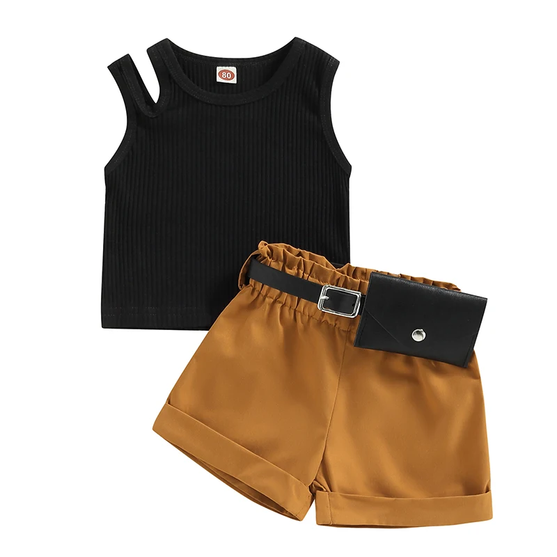 

Kids Girls Clothes Summer Outfit Solid Color Sleeveless Ribbed Tank Crop Tops and Casual Shorts Fanny Pack Toddler Clothing Set