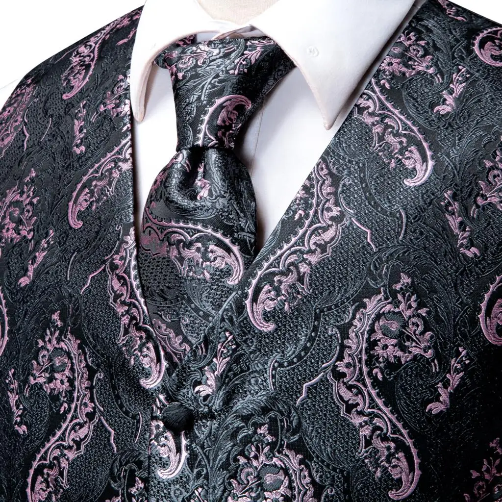 Dress Vests Silk Mens Vests Pink Gray Floral Waistcoat Tie Hanky Cufflinks Brooch Set for Men Suit Wedding Office Gift