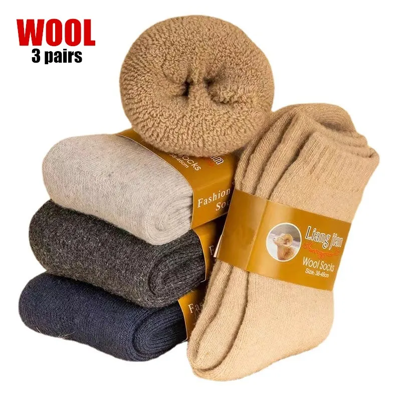 

3pairs/Men's Socks Winter Warm Solid Color Wool Thermal Socks Super Thick Snow Socks Comfort Happy Long Tube Wool Socks EU38-46