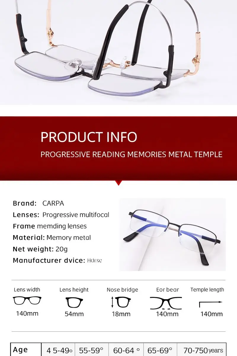 Anpassung Photochrome Multifokale Lesebrille Männer Progressive Anti-Blue Ray Business Brille Halbrahmen Brillen 1,0-3,5 – Detail 6