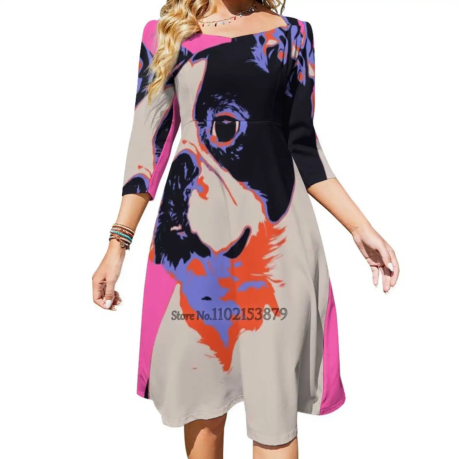 

French Bulldog Retro Art Back Lacing Backless Dress Square Neck Dress Evening Party Dresses Midi Sexy Dress French Bulldog Dog
