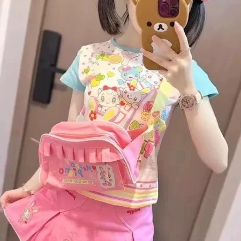 HOUZHOU Blue Kawaii Juminocore T-Shirts Women Y2k Cutecore Striped Short Sleeve Japanese Style Tees Sweet Slim Cropped Tops 5