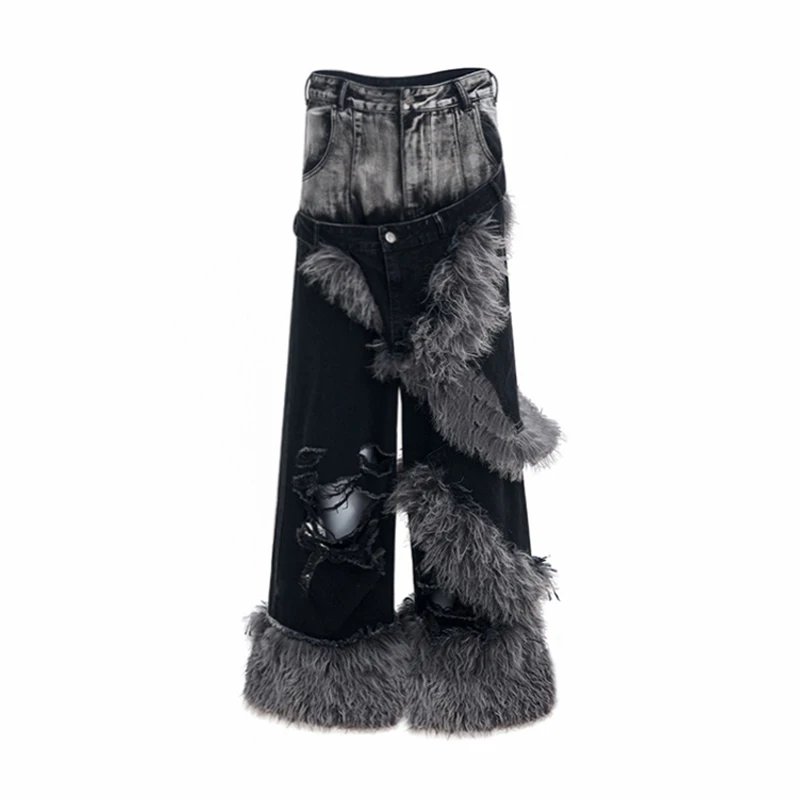 LUZHEN Fake Two Piece Denim Pants Patchwork Fur Worn-out Trendy High Street Luxury American Straight Tube Trousers Male LZ8217 5