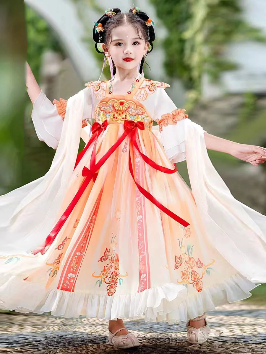 

New Orange Hanfu Girls' Dress Spring Fashion Chinese Style Ancient Skirt Super Immortal Children's Princess Skirt