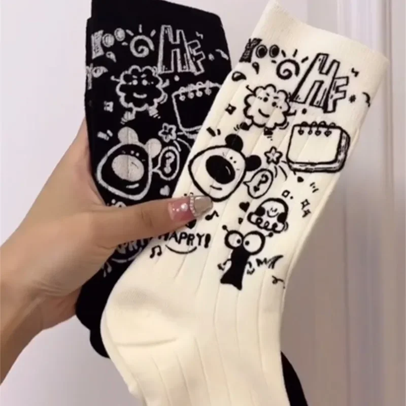 Men Women Socks Cotton Simplicity Anime Devil Grimace Harajuku Black White Graffiti Fashion Long Funny Hip Hop Sox Unisex medias sketchbook diary drawing notebook painting graffiti soft cover black paper sketchbook notepad office school supplies gift sketch