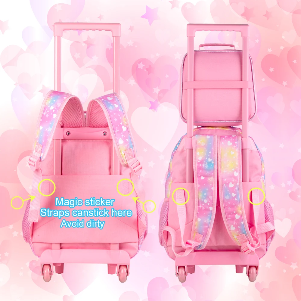 4PCS Rolling Backpack for Girls, Kids Cat Roller Backpacks with Wheels for Kids, Wheeled Bookbag Set for Toddler Elementary Scho