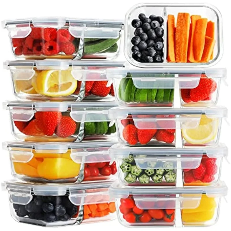 

Bayco 10 Pack Glass Meal Prep Containers 2 Compartment, Food Storage Airtight Glass Lunch Bento Boxes, BPA-Free & Leak Proof
