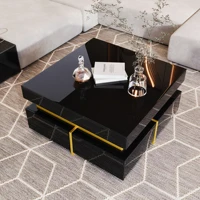 Table basse carrée brillante avec tiroirs, éclairage LED et accents dorés, table d'appoint pour salon 1