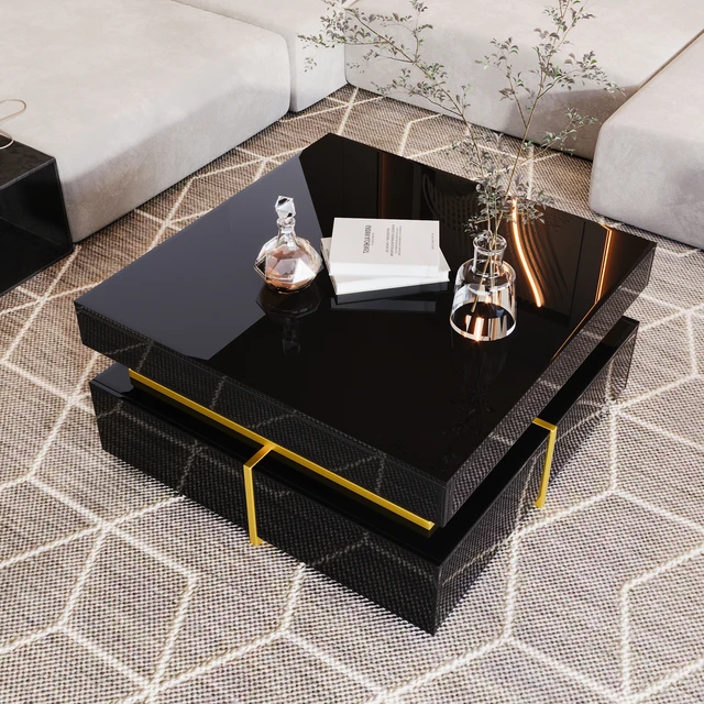 Table basse carrée brillante avec tiroirs, éclairage LED et accents dorés, table d'appoint pour salon 1