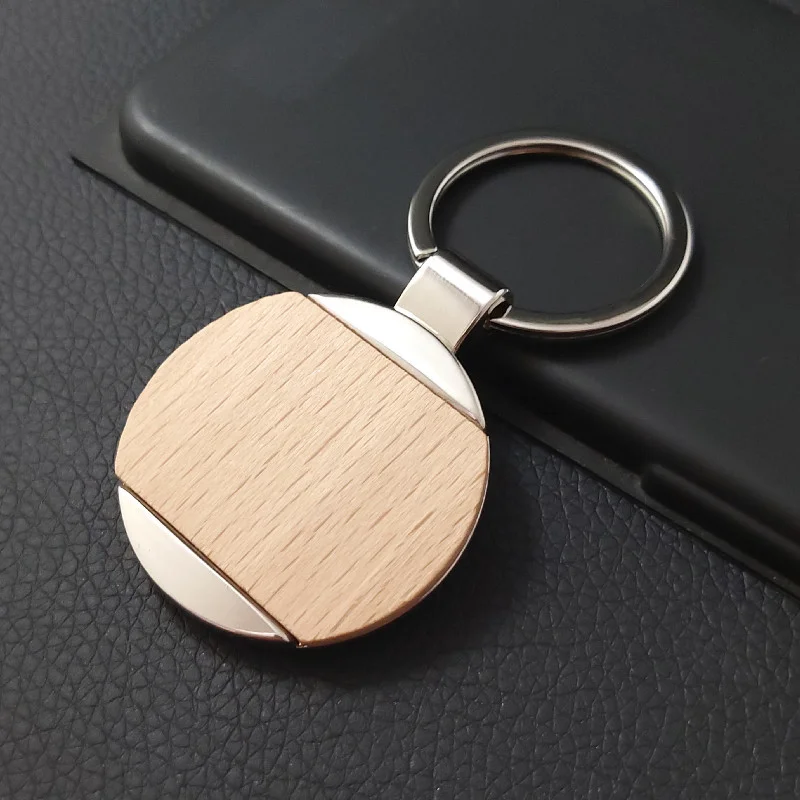 Fashion Round Wood Car Keychain Accessories Blank Zinc Alloy Stitching Wooden Keyring Blanks Unfinished Key Tag Bulk Wholesale